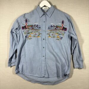 Casey Coleman Denim Top Womens XL Blue Beach Embroidered Lighthouse Sailboat